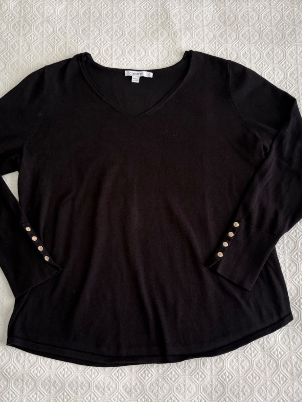 Chico's Rayon Blend V-Neck Sweater Medium Black Gold Button Cuffs